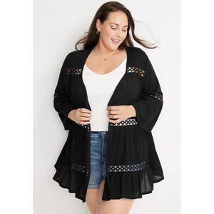 Maurices Open Front Crochet Panel Kimono Cardigan Size Medium Long Sleeve Black